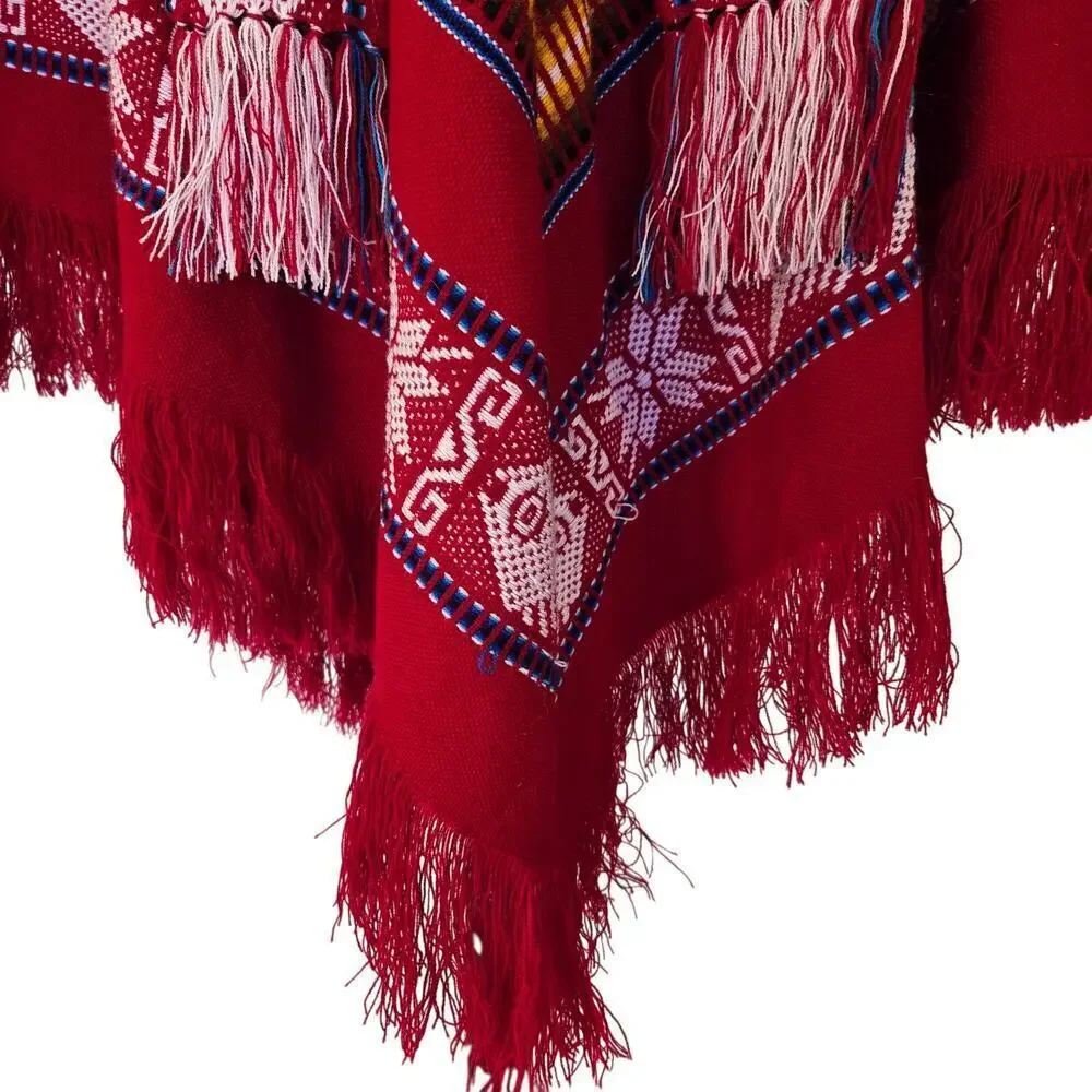 Handmade Otavalo Red Wool Poncho/Cape Made in Ecuador One Size Tribal Boho